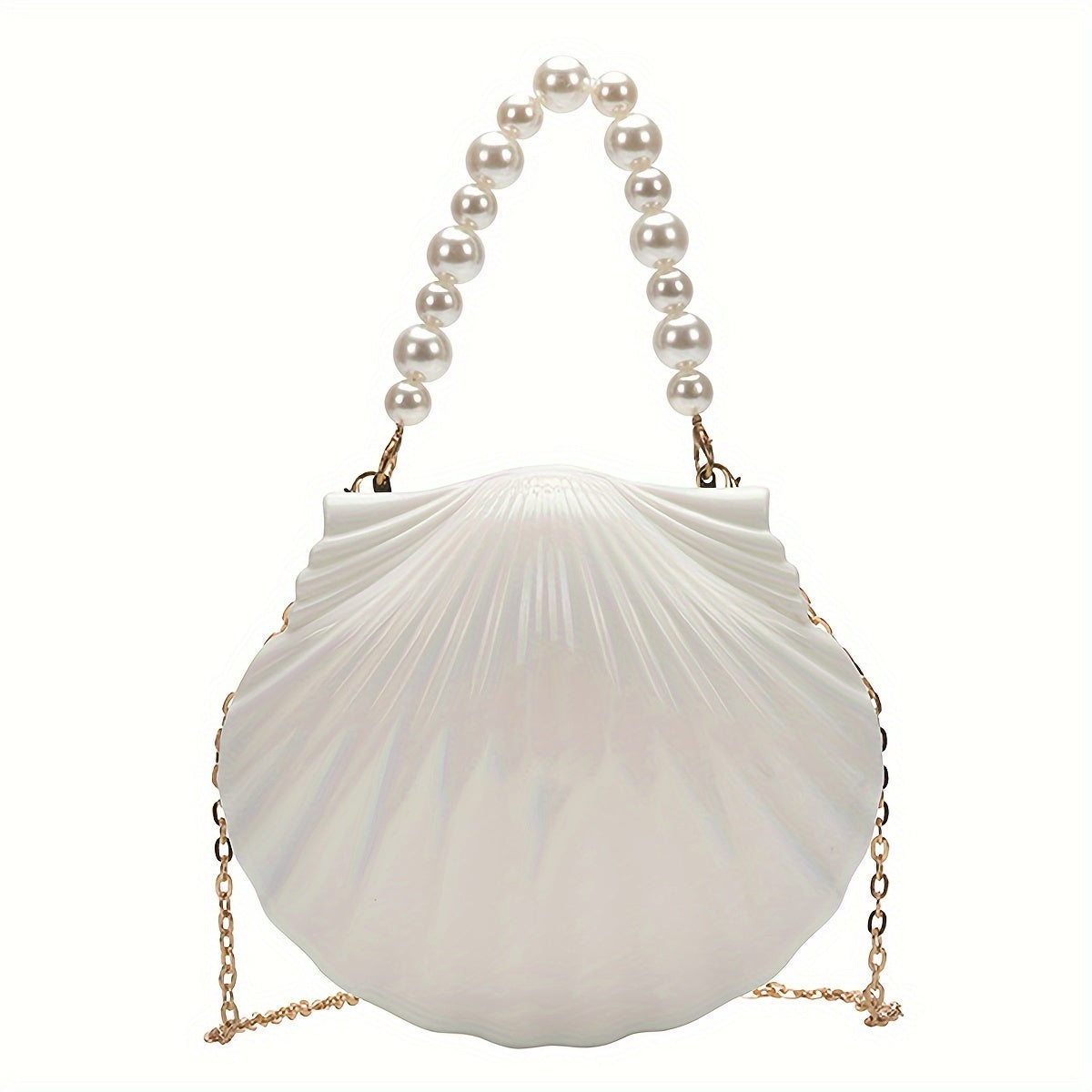 Elegant White Shell-Shaped Evening Clutch with Pearl Beaded Chain Strap - Chic Acrylic Bridal Handbag, Polyester Lined, Perfect for Weddings & Formal Parties, Wedding Accessories