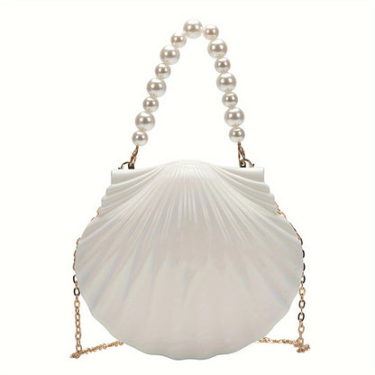 Elegant White Shell-Shaped Evening Clutch with Pearl Beaded Chain Strap - Chic Acrylic Bridal Handbag, Polyester Lined, Perfect for Weddings & Formal Parties, Wedding Accessories