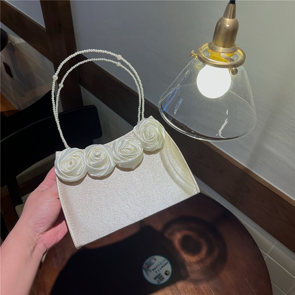 Elegant Black & Red Rose Applique Clutch with Pearl Chain Strap - Luxurious Polyester Evening Bag for Weddings, Parties, and Formal Events, Formal Event Bag|Elegant Clutch|Durable Zipper Closure, Rose Golden Accessories