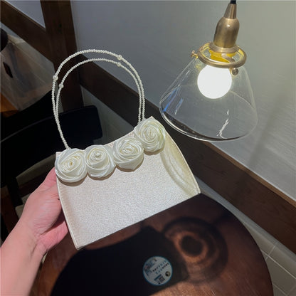 Elegant Black & Red Rose Applique Clutch with Pearl Chain Strap - Luxurious Polyester Evening Bag for Weddings, Parties, and Formal Events, Formal Event Bag|Elegant Clutch|Durable Zipper Closure, Rose Golden Accessories